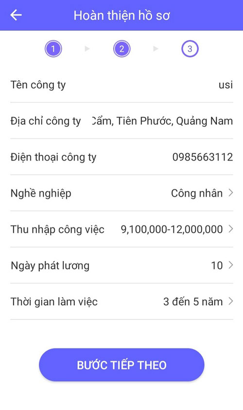 Bước 3: Nhập thông tin cá nhân, địa chỉ và tình trạng việc làm của người vay